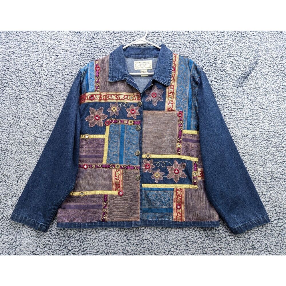 VTG Patchwork Bohemian Denim Jacket Size LG Floral Artsy Hippie Embroidered